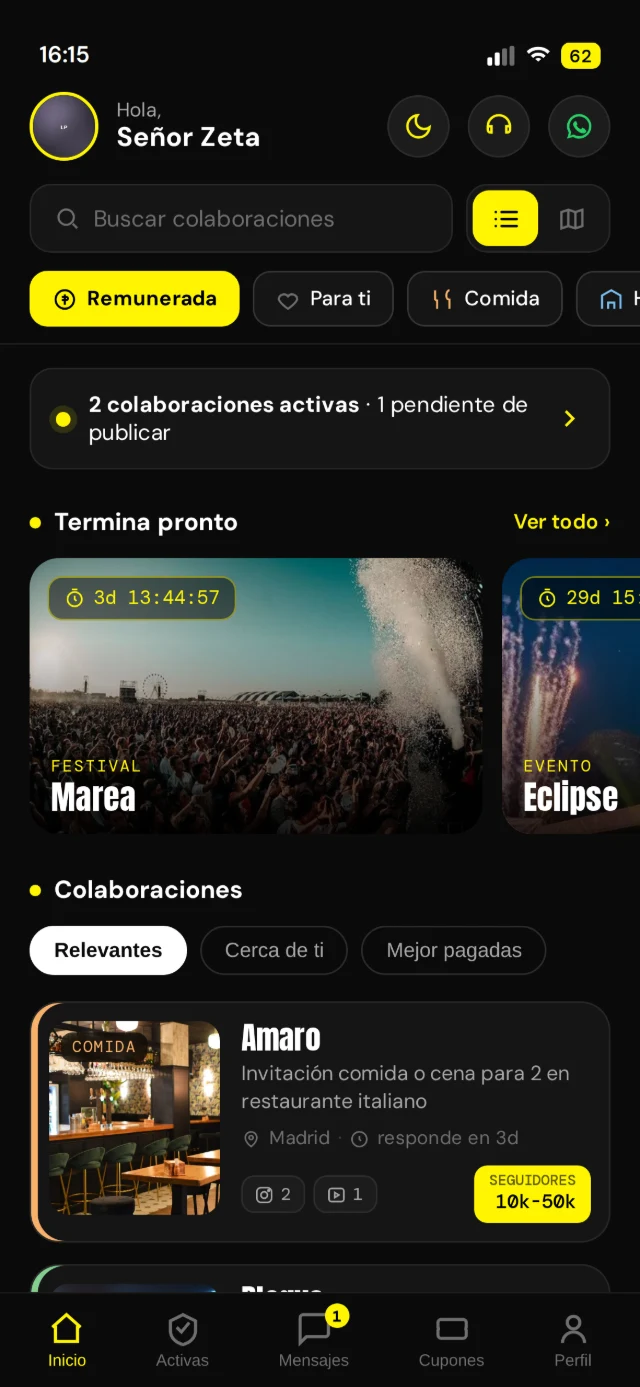 Pantalla de la app VIVIO Club con búsqueda y solicitudes de colaboraciones